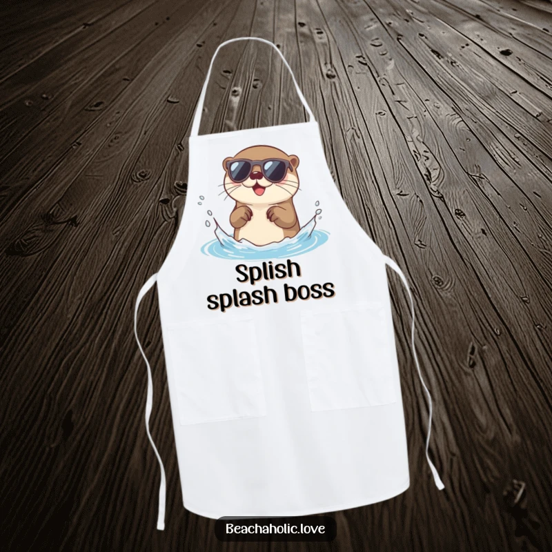 Funny otter apron: a happy otter in sunglasses playfully splashes water while cooking, a humorous kitchen accessory, ideal funny gift.
