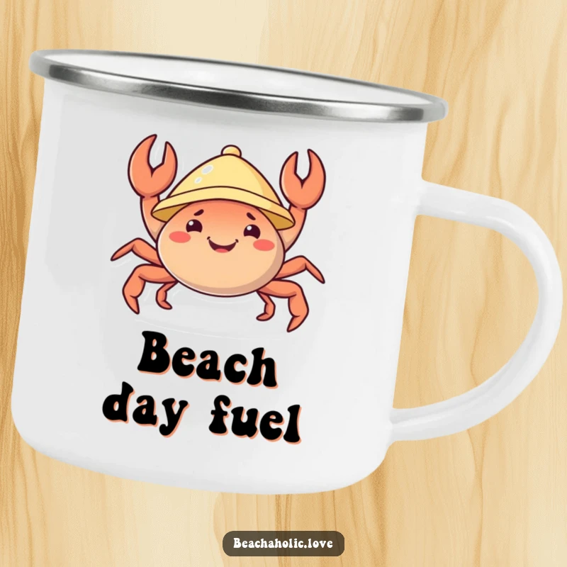 Funny crab camping mug: a cheerful crab in a sunhat wiggles its claws, built for adventure and smiles, an awesome funny gift.
