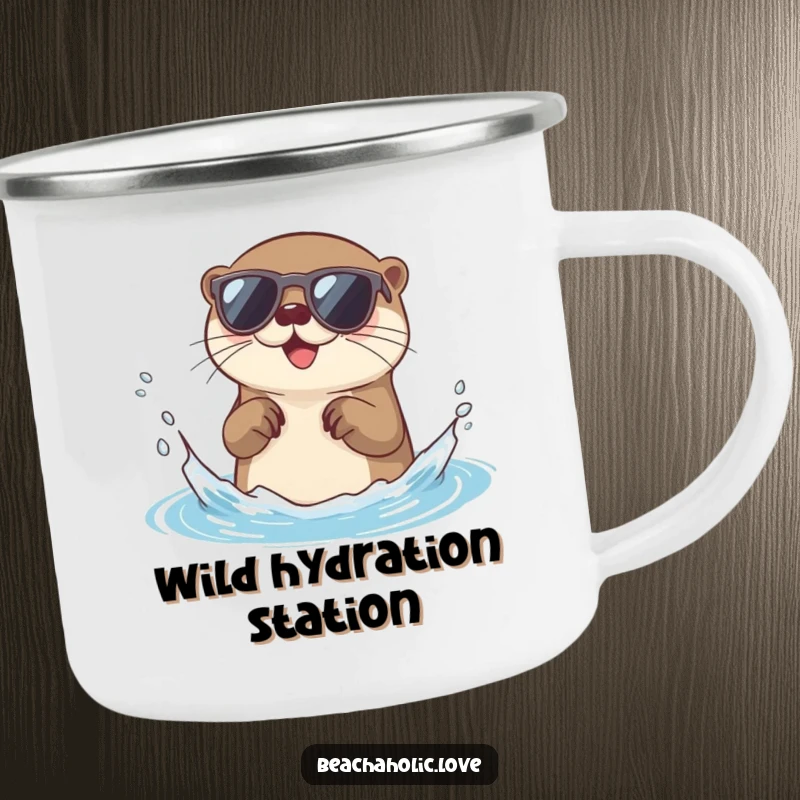 Funny otter camping mug: a happy otter in sunglasses splashes water, built for adventure and smiles, an awesome funny gift.