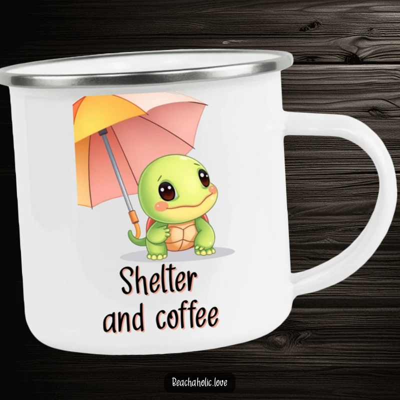 Funny turtle camping mug: a giggling turtle peeks from behind a bright umbrella, built for adventure and smiles, an awesome funny gift.