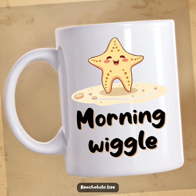 Funny starfish mug: a playful starfish energetically dances on wet sand, embodying joy and beach fun, perfect funny gift.
