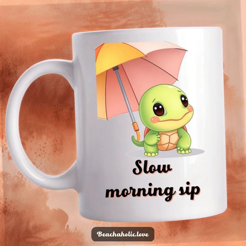 Funny turtle mug: a giggling turtle peeks from behind a bright umbrella, enjoying beach life, perfect funny gift.