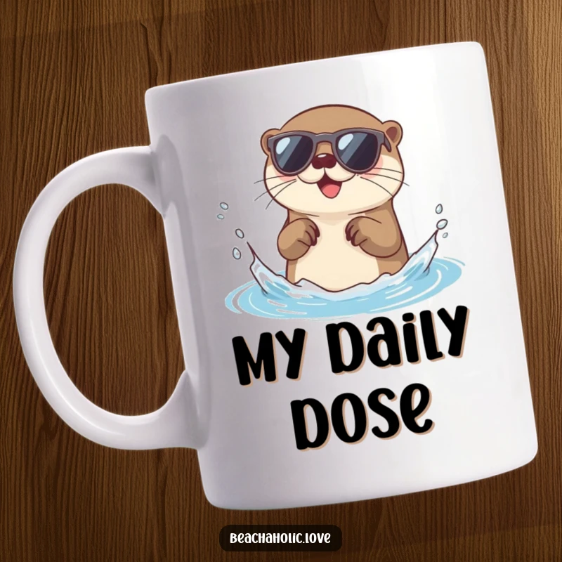 Funny otter mug: a smiling otter in tiny sunglasses playfully splashes water, perfect for ocean lovers and a great funny gift.