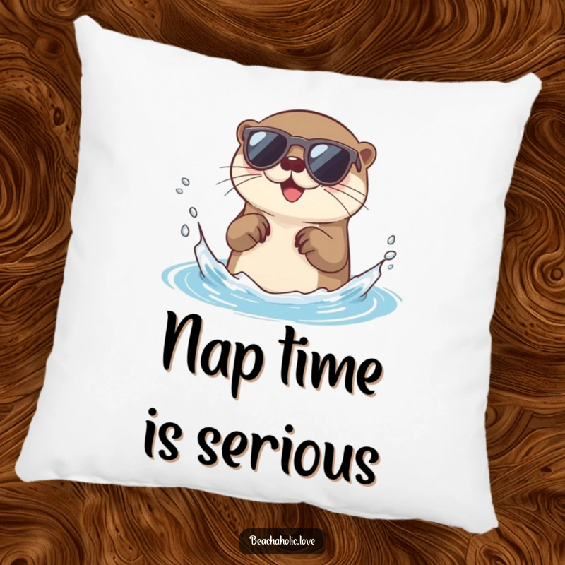 Funny otter pillow: a smiling otter in tiny sunglasses splashes water, adding a cute and humorous touch to home decor, perfect funny gift.
