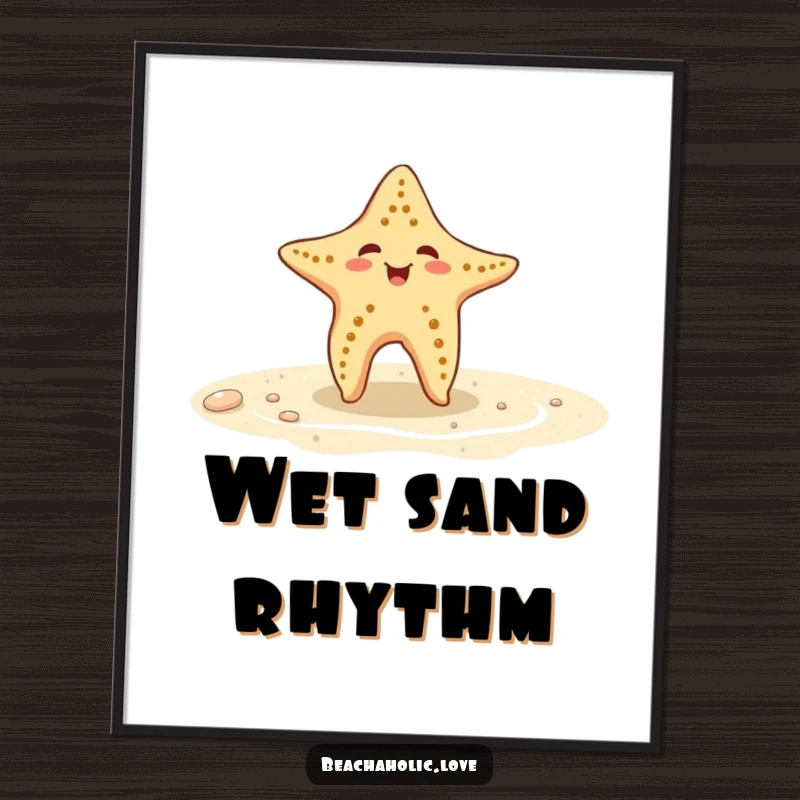 Funny starfish digital art print: a playful starfish dances on wet sand, vibrant and humorous wall art, instant funny gift.