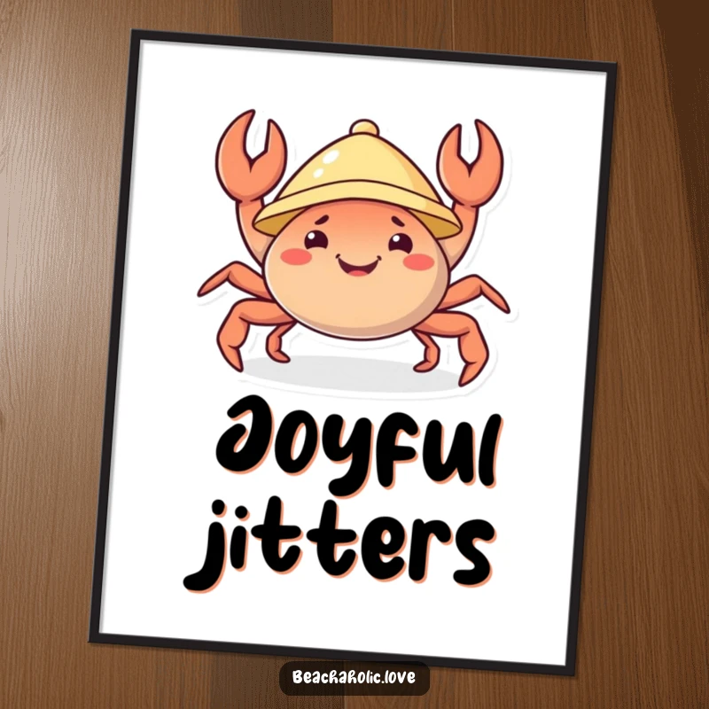 Funny crab digital art print: a cheerful crab in a sunhat joyfully wiggles its claws, vibrant and humorous wall art, instant funny gift.