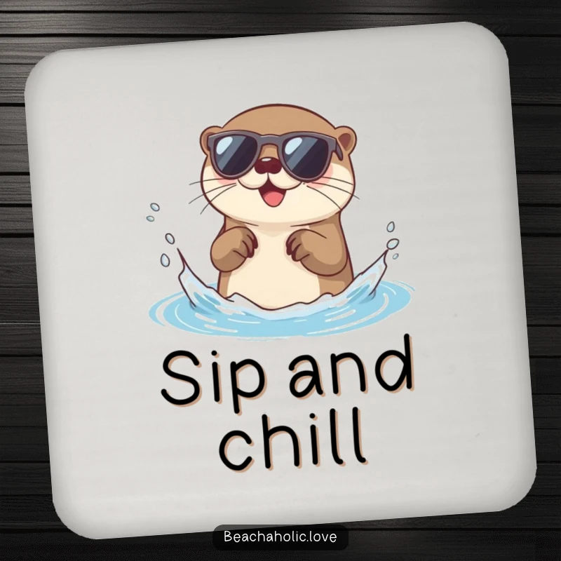 Funny otter coaster: a cute otter wearing sunglasses splashes water, protecting surfaces with style, a charming funny gift.