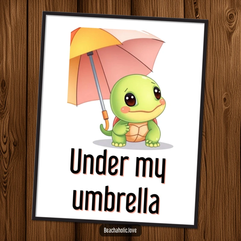 Funny turtle poster: a giggling turtle peeks from behind a bright umbrella, creating a cheerful and humorous wall art, ideal funny gift.