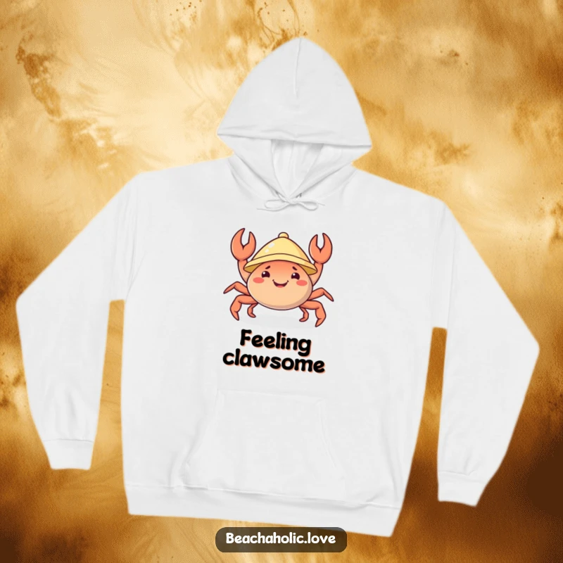 Funny crab hoodie: a cheerful crab wearing a sunhat wiggles its claws with joy, cozy and fun, a great funny gift.