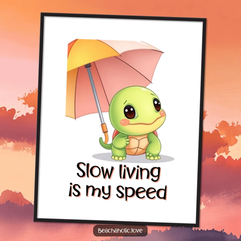 Funny Free Printable Wall Art: a giggling turtle playfully peeking out from behind a vibrant umbrella, adding whimsy.