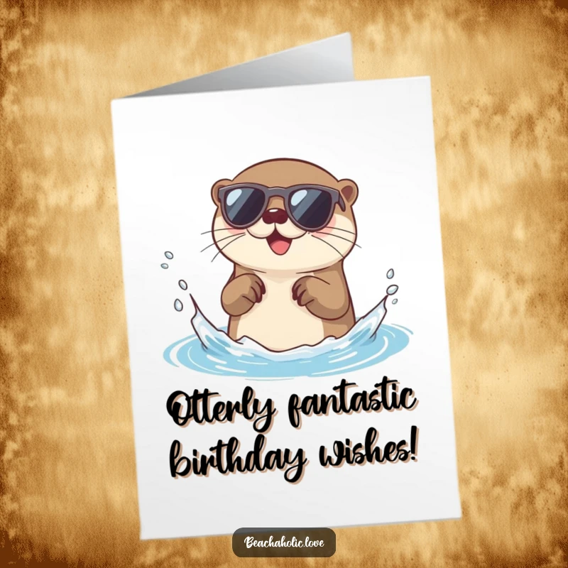 Funny Free Printable Birthday Card featuring a happy otter in sunglasses, playfully splashing water, ready for a birthday bash.