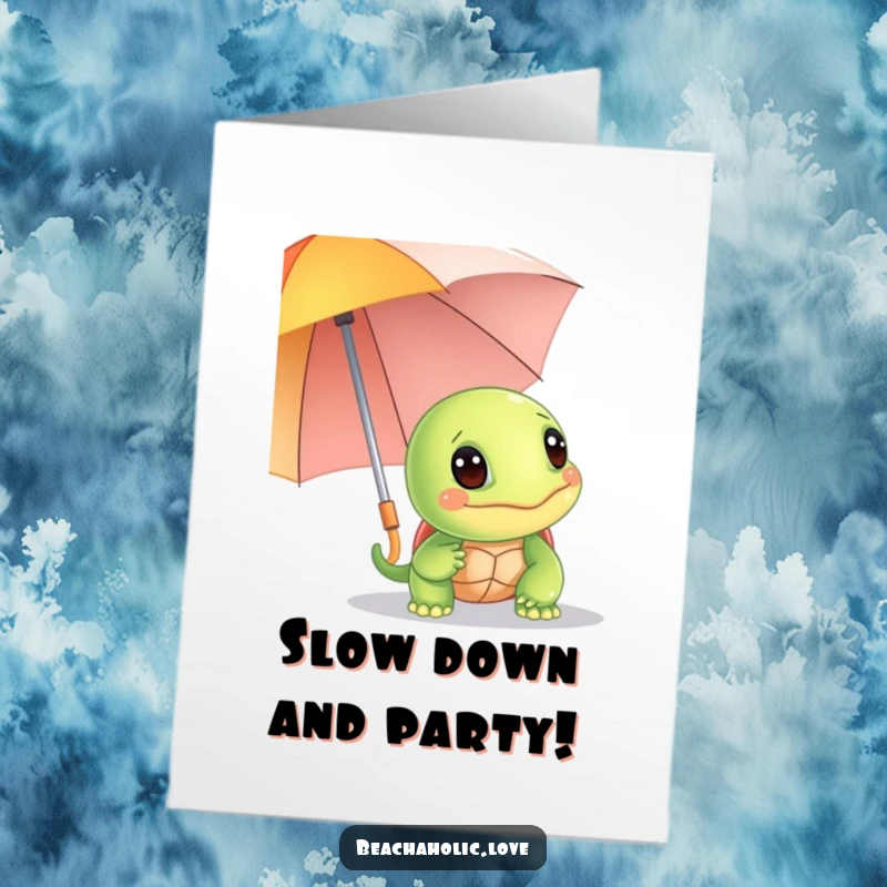 Funny Free Printable Birthday Card: a giggling turtle peeking out playfully from behind a bright, colorful umbrella.