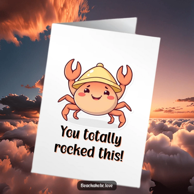 Funny Free Printable Congratulations Card: a happy crab in a sunhat joyfully wiggling its claws to celebrate.