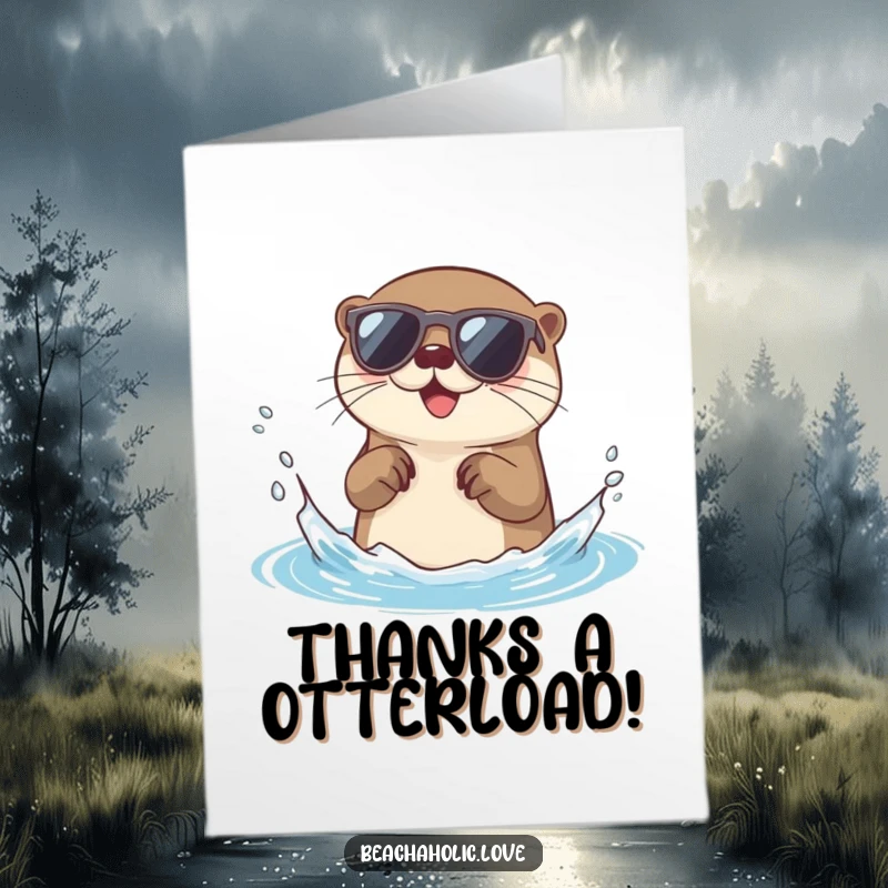 Funny Free Printable Thank You Card: a happy otter in sunglasses splashing water, expressing thanks with a cheerful vibe.