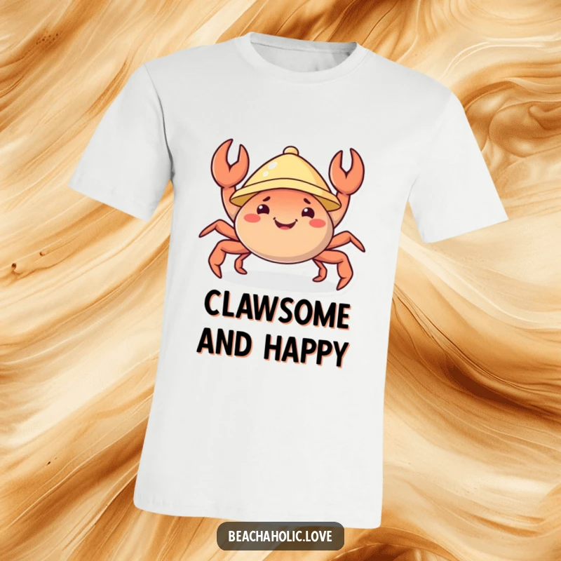 Funny crab t-shirt: a cheerful crab sporting a small sunhat joyfully wiggles its claws, radiating happiness, a great funny gift.
