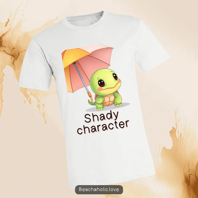 Funny turtle t-shirt: a giggling turtle peeks out from behind a colorful beach umbrella, radiating joy, a great funny gift.