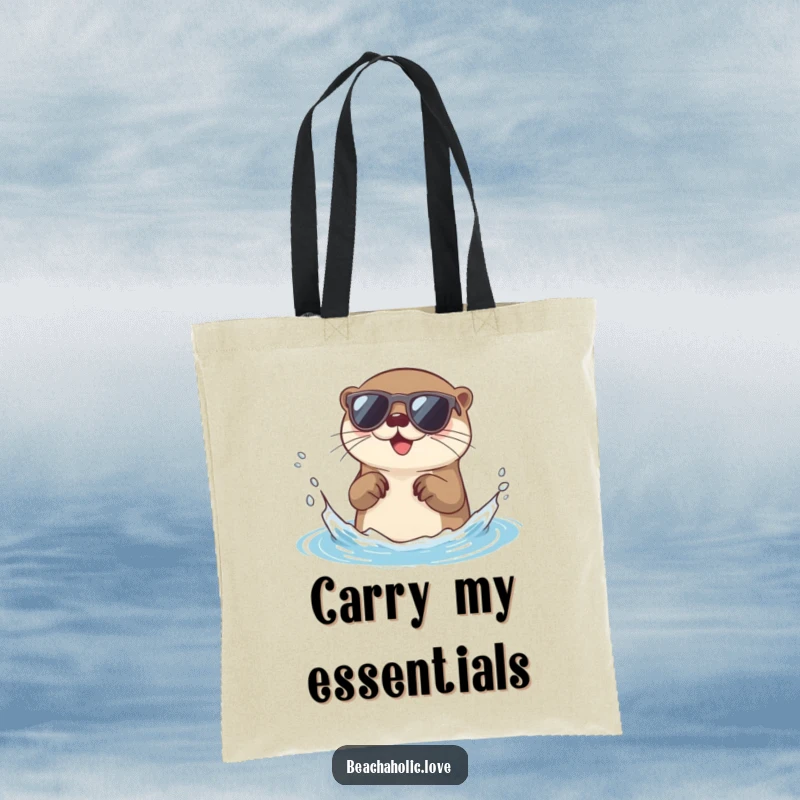Funny otter tote bag: a happy otter sporting sunglasses splashes water with glee, a stylish and humorous accessory, perfect funny gift.