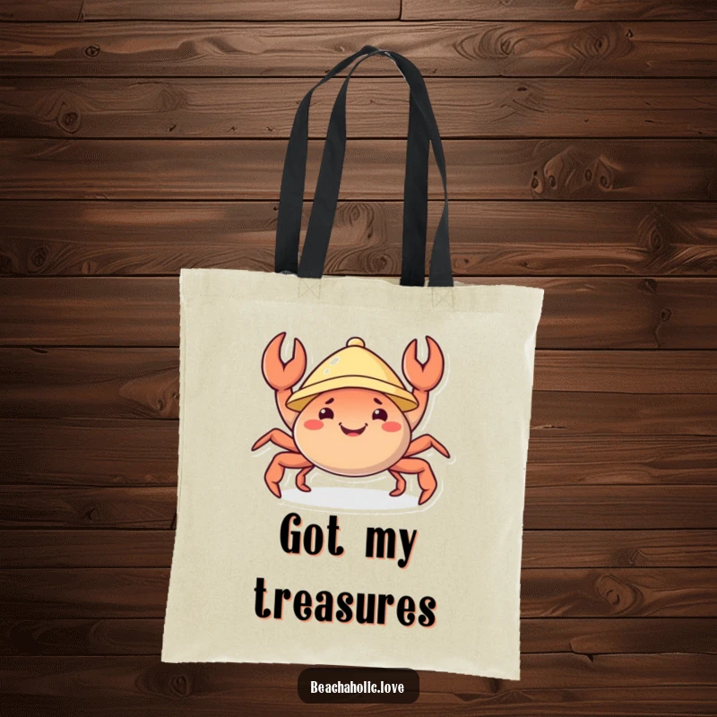 Funny crab tote bag: a cheerful crab with a sunhat joyfully wiggles its claws, stylish and humorous, a perfect funny gift.